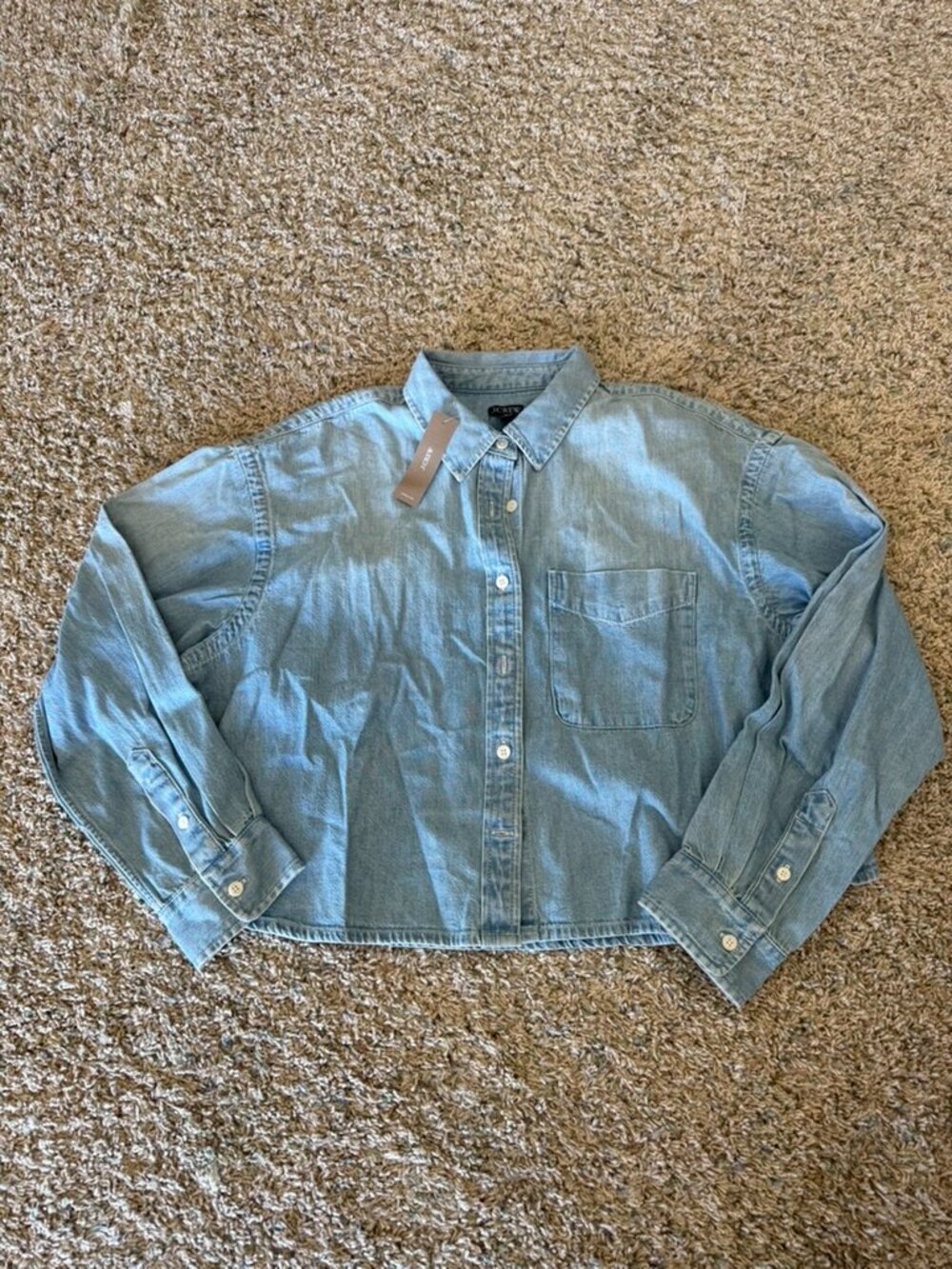 J.Crew Étienne Chambray Cropped Blue Cotton Oversized Button Up Shirt Sz M NWT